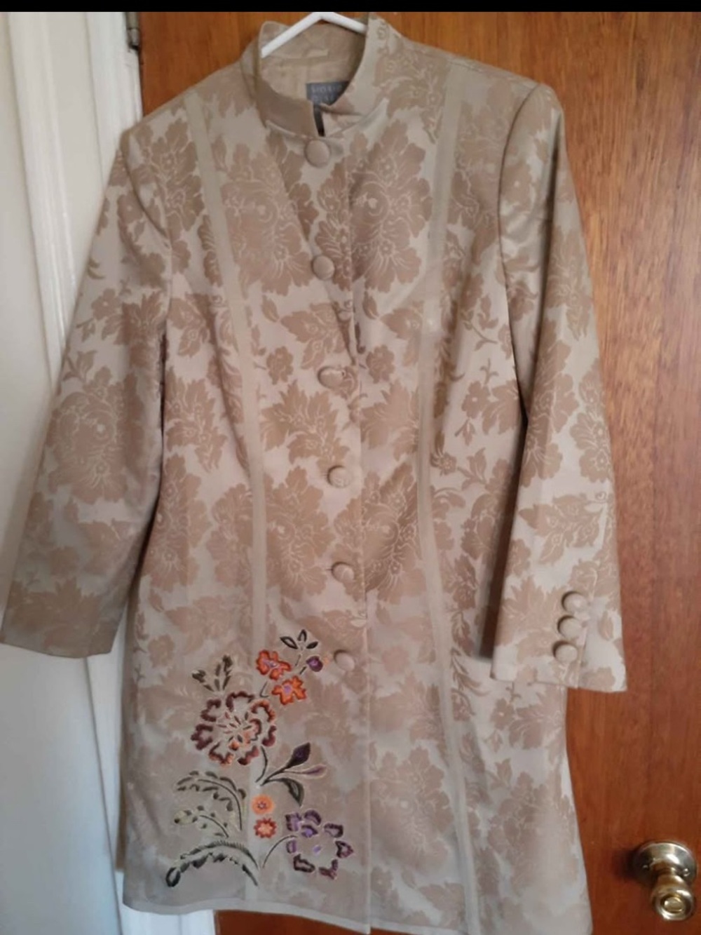 Beige Embroidered Floral Jacquard Coat Jacket